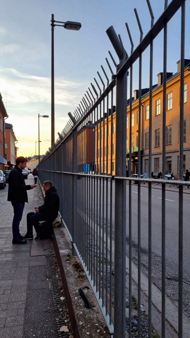Late Afternoon Stockholm Street Scene with Substation Fence and Warning Placards in in Stockholm, Sweden