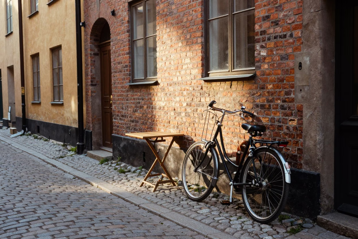 Late Afternoon Stockholm Street Scene with Vintage Bicycle and Fruit Knife on Wooden Table in in Stockholm, Sweden