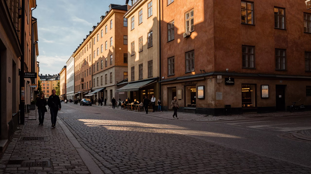 Late Afternoon Stockholm Street Scene with Vintage Coffee Culture and Urban Details in in Stockholm, Sweden