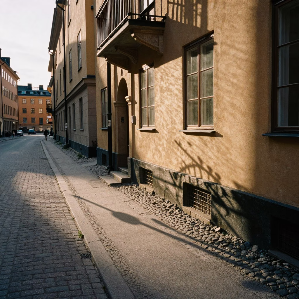 Late Afternoon Stockholm Street Scene with Wicker Shadow on Rail in in Stockholm, Sweden