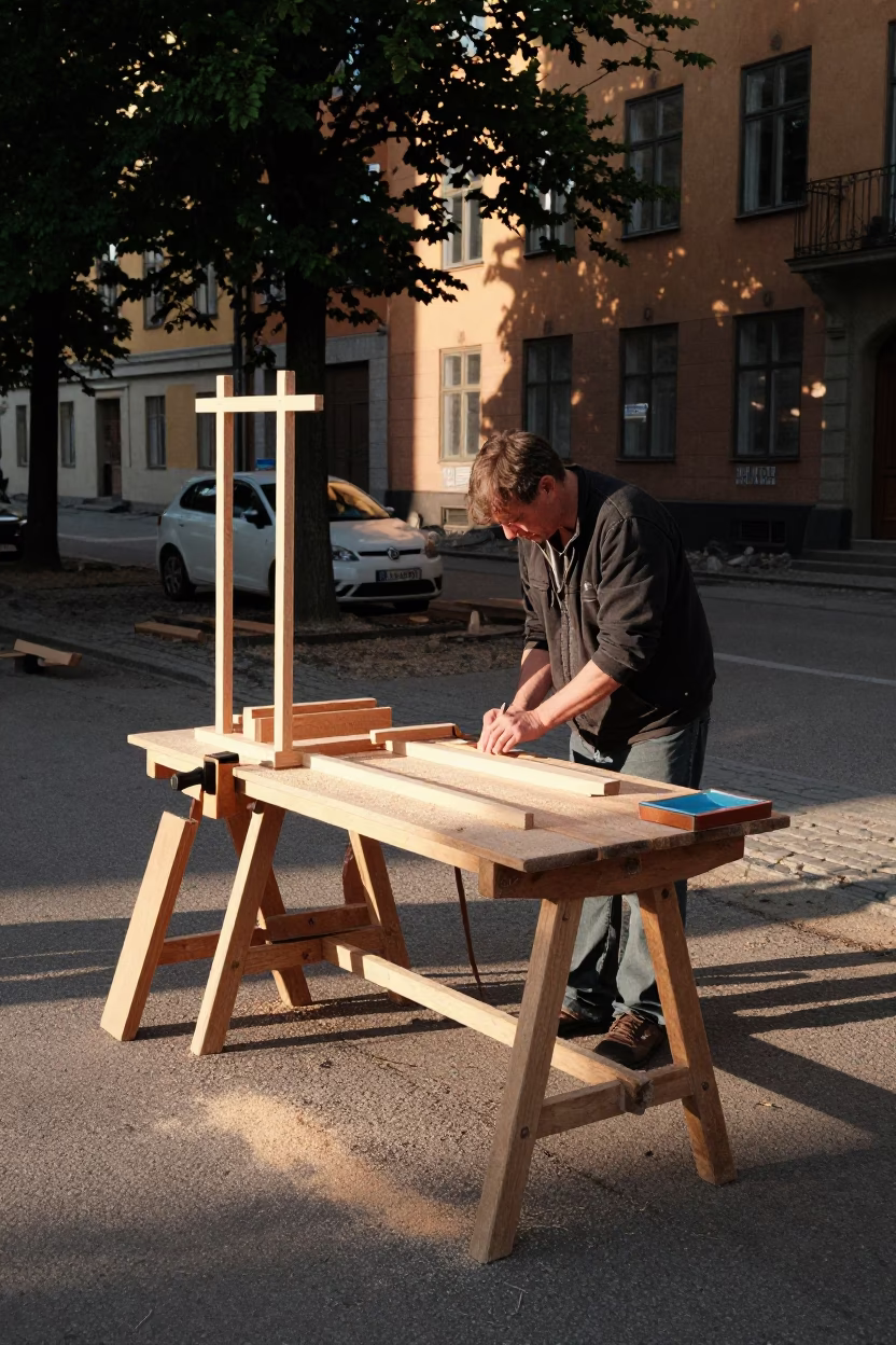 Late Afternoon Stockholm Street Scene with Wooden Clamps and Shavings Near Waterfront in in Stockholm, Sweden