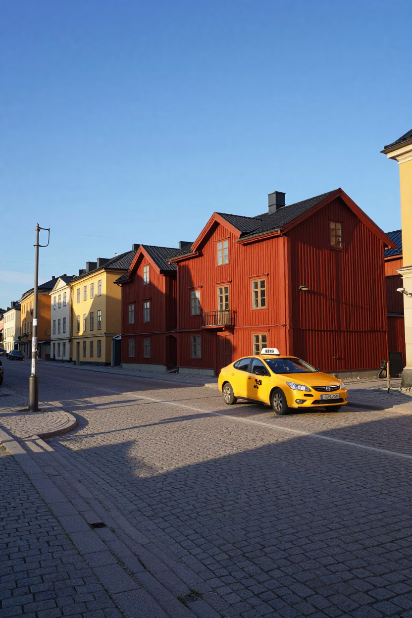Late Afternoon Stockholm Street Scene with Yellow Taxi and Cobblestones in in Stockholm, Sweden