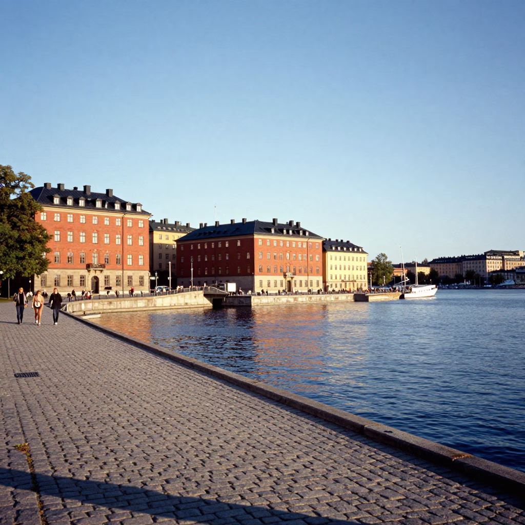 Late Afternoon Stockholm Sweden Landscape View of City Waterfront and Historic Architecture in in Stockholm, Sweden