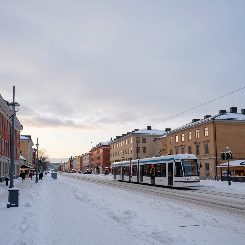Late Afternoon Stockholm Tramway and Snowy Avenue Landscape Horizon Shot in in Stockholm, Sweden