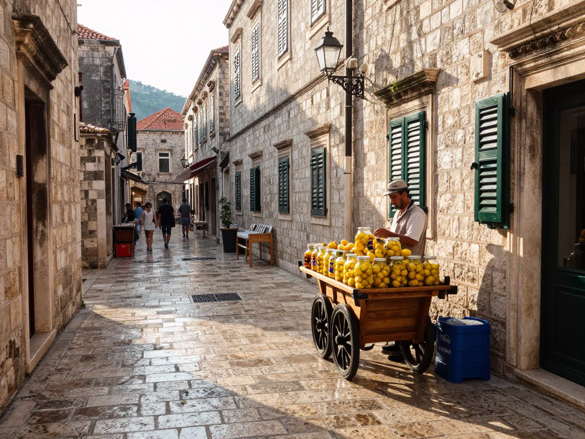 Late Afternoon Stone Alleyway Scene in Dubrovnik Croatia with Local Market Goods in in Dubrovnik, Croatia