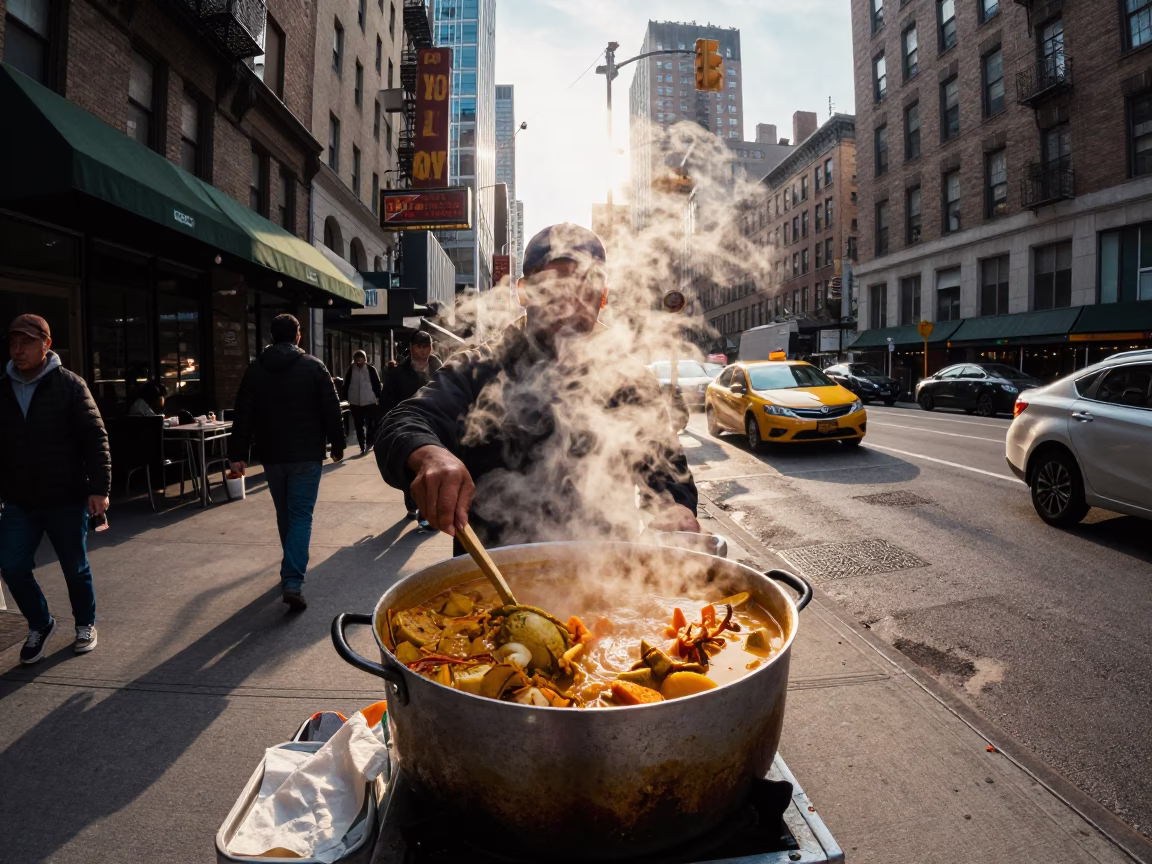 Late Afternoon Street Corner in New York City with Vendor Selling Curry and Quilt in in New York, New York, United States
