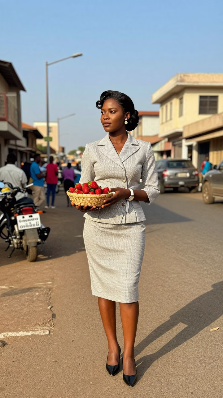 Late Afternoon Street Fashion in Accra Ghana with Strawberries and Paint Flecks in in Accra, Ghana