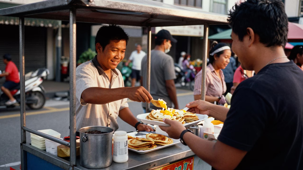 Late Afternoon Street Food Scene in Kuala Lumpur Malaysia with Vendor and Customers in in Kuala Lumpur, Malaysia