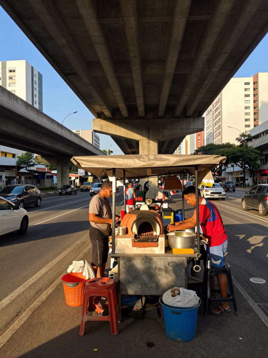 Late Afternoon Street Food Stall Under Flyover in Sao Paulo Brazil with Clay Bowls in in São Paulo, Brazil