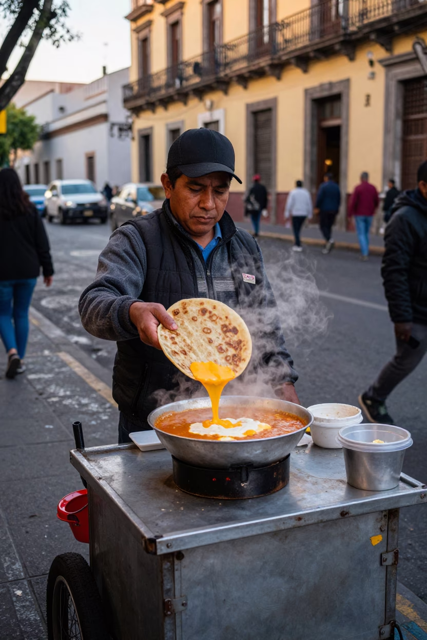 Late Afternoon Street Food Vendor in Mexico City Serving Sopa de Tortilla with Cheese in in Mexico City, Mexico