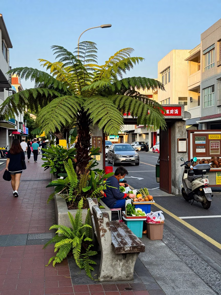Late Afternoon Street Life in Kaohsiung Taiwan with Ferns and Local Details in in Kaohsiung, Taiwan