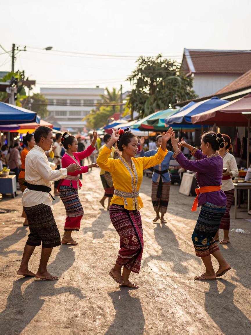 Late Afternoon Street Market in Phuket Thailand with Traditional Folk Dance Performance in in Phuket, Thailand