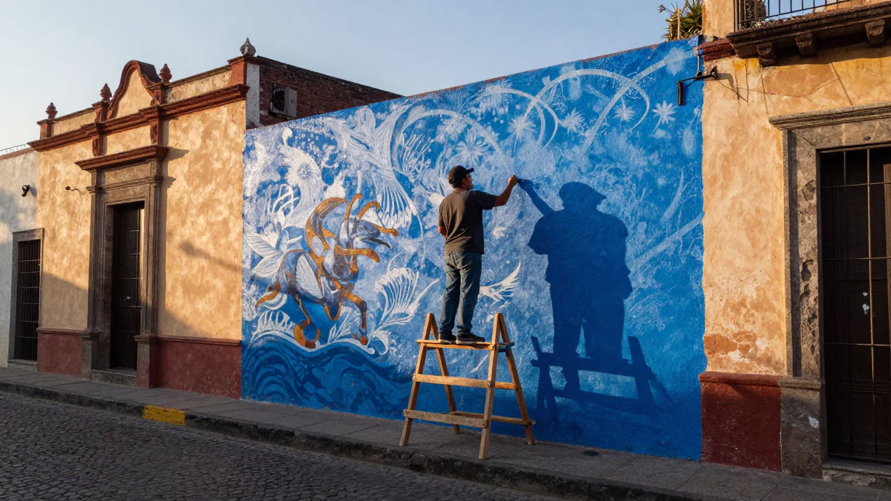 Late Afternoon Street Mural Painting in Mexico City Urban Art Scene in in Mexico City, Mexico