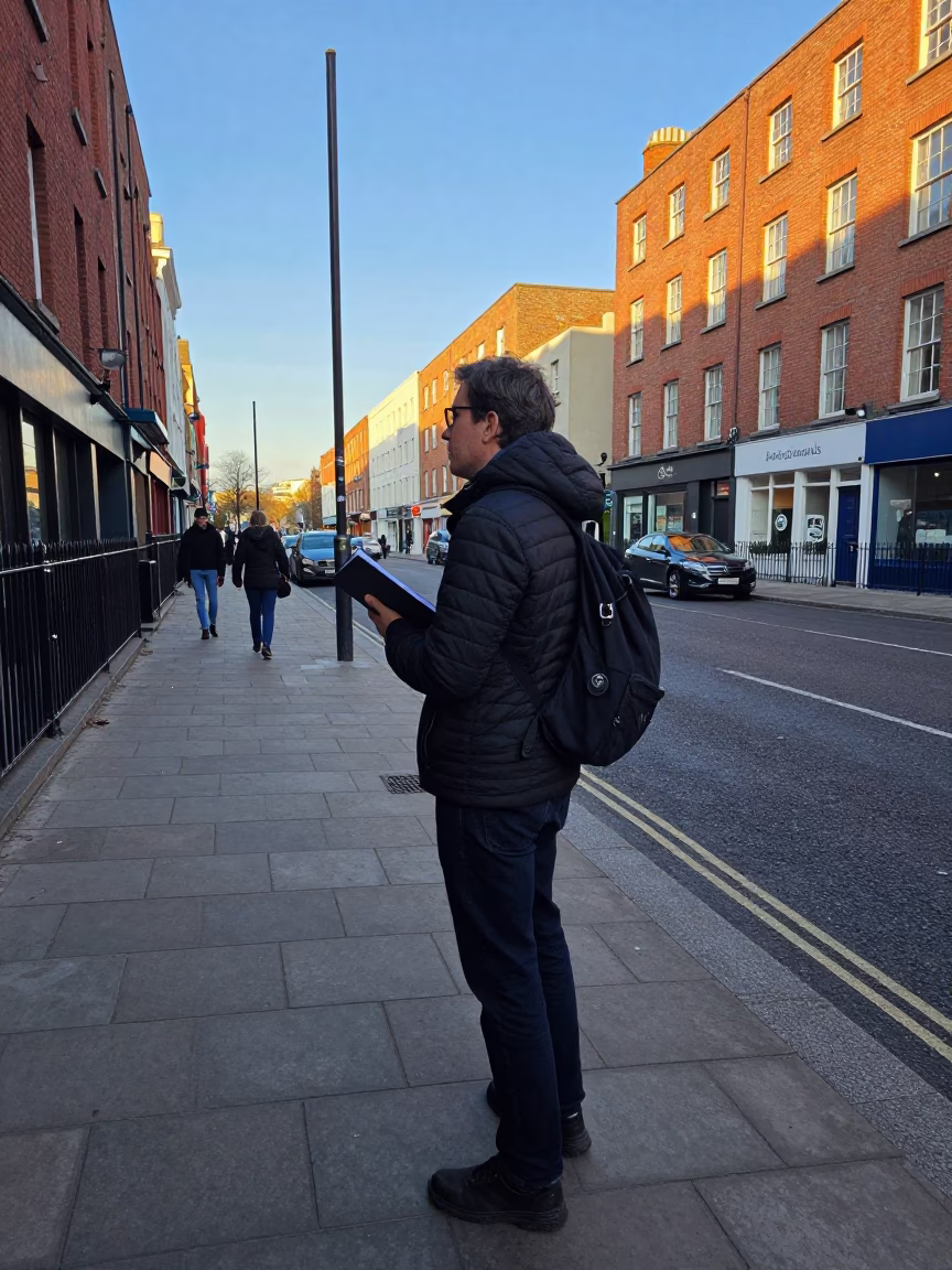 Late Afternoon Street Photography of a Person with a Notebook in Dublin Ireland in in Dublin, Ireland
