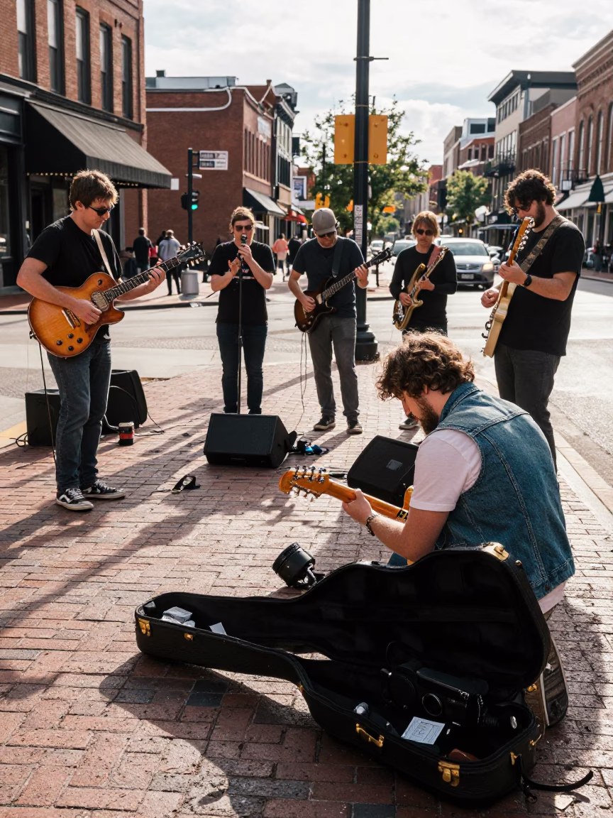 Late Afternoon Street Photography of Nashville Tennessee Musicians Playing Instruments on Broadway in in Nashville, Tennessee, United States