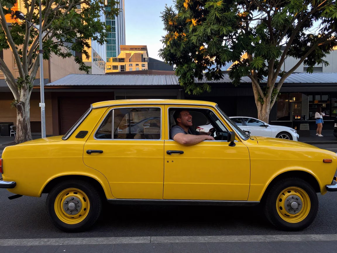 Late Afternoon Street Photography of Vintage Yellow Car in Melbourne Victoria Australia in in Melbourne, Victoria, Australia