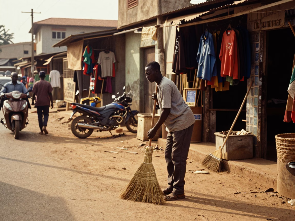 Late Afternoon Street Scene in Accra Ghana with Brooms and Sun-Warmed Stone Wall in in Accra, Ghana