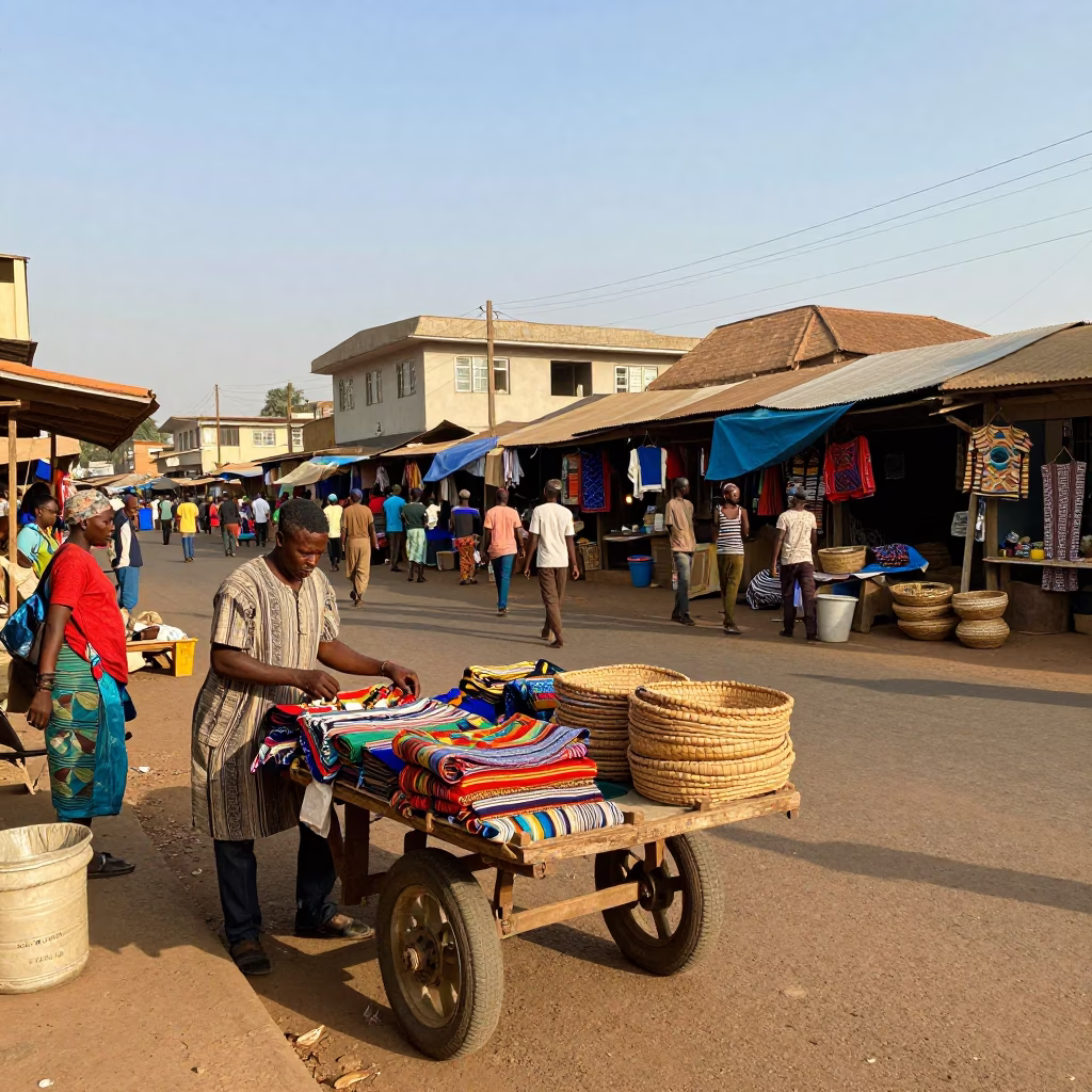 Late Afternoon Street Scene in Accra Ghana with Local Market Activity and Urban Landscape in in Accra, Ghana