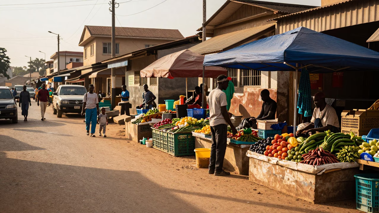 Late Afternoon Street Scene in Accra Ghana with Local Vendor and Bar Stools in in Accra, Ghana
