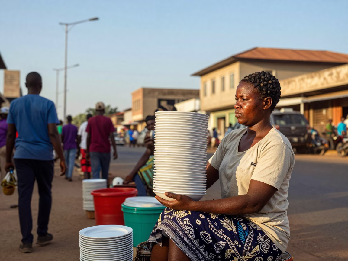 Late Afternoon Street Scene in Accra with Local Vendor and Ceramic Plate in in Accra, Ghana
