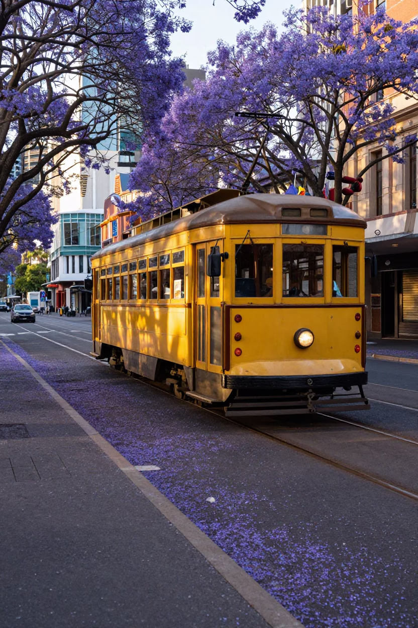 Late Afternoon Street Scene in Adelaide CBD with Heritage Tram and Jacaranda Trees in in Adelaide, South Australia, Australia