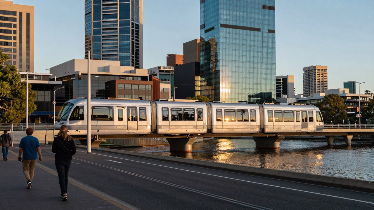 Late Afternoon Street Scene in Adelaide South Australia with Monorail and River in in Adelaide, South Australia, Australia