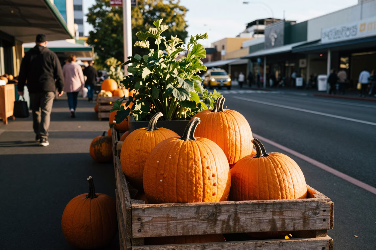 Late Afternoon Street Scene in Adelaide South Australia with Pumpkins and Plant Pots in in Adelaide, South Australia, Australia