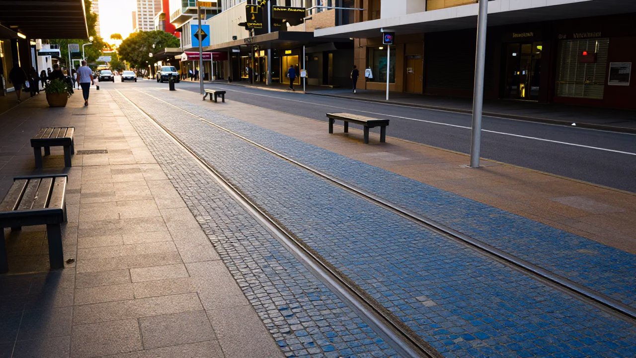 Late Afternoon Street Scene in Adelaide South Australia with Urban Furniture and Construction in in Adelaide, South Australia, Australia