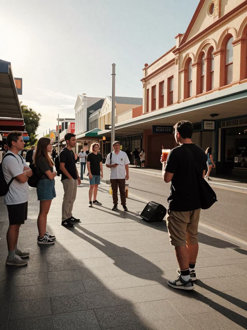 Late Afternoon Street Scene in Adelaide South Australia with Vintage 1980s Aesthetic in in Adelaide, South Australia, Australia