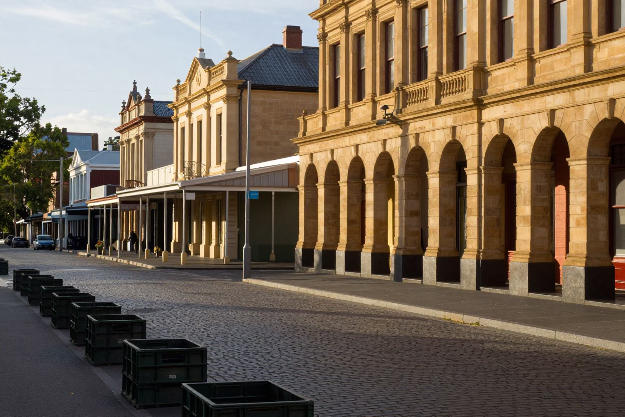 Late Afternoon Street Scene in Adelaide South Australia with Vintage Crate and Urban Viaduct in in Adelaide, South Australia, Australia