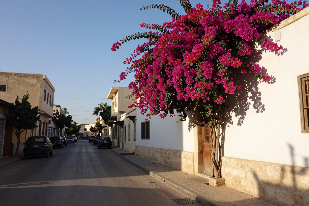 Late Afternoon Street Scene in Alexandria Egypt with Bougainvillea and Vintage Automobiles in in Alexandria, Egypt