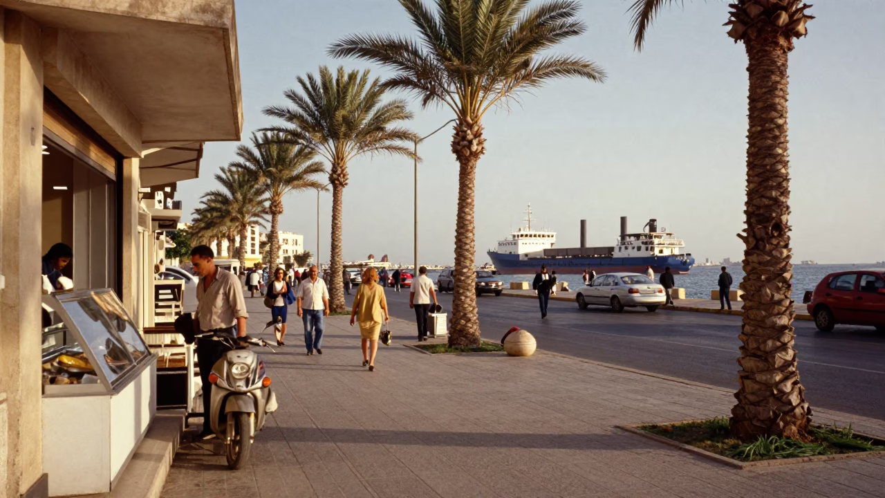 Late Afternoon Street Scene in Alexandria Egypt with Cargo Ship and Gelato Shop Window in in Alexandria, Egypt