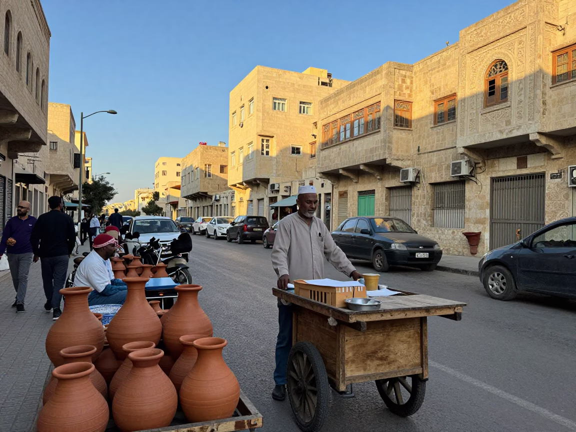 Late Afternoon Street Scene in Alexandria Egypt with Clay Pots and Books in in Alexandria, Egypt