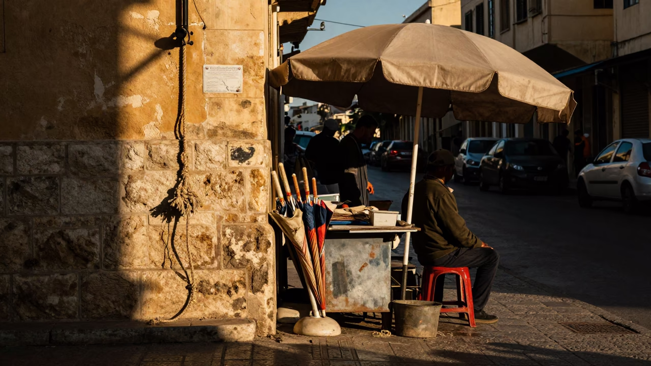 Late Afternoon Street Scene in Alexandria Egypt with Frayed Rope and Umbrella Stand in in Alexandria, Egypt