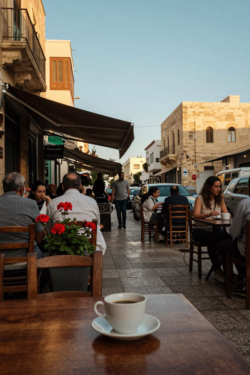 Late Afternoon Street Scene in Alexandria Egypt with Geraniums and Linen Tablecloth in in Alexandria, Egypt