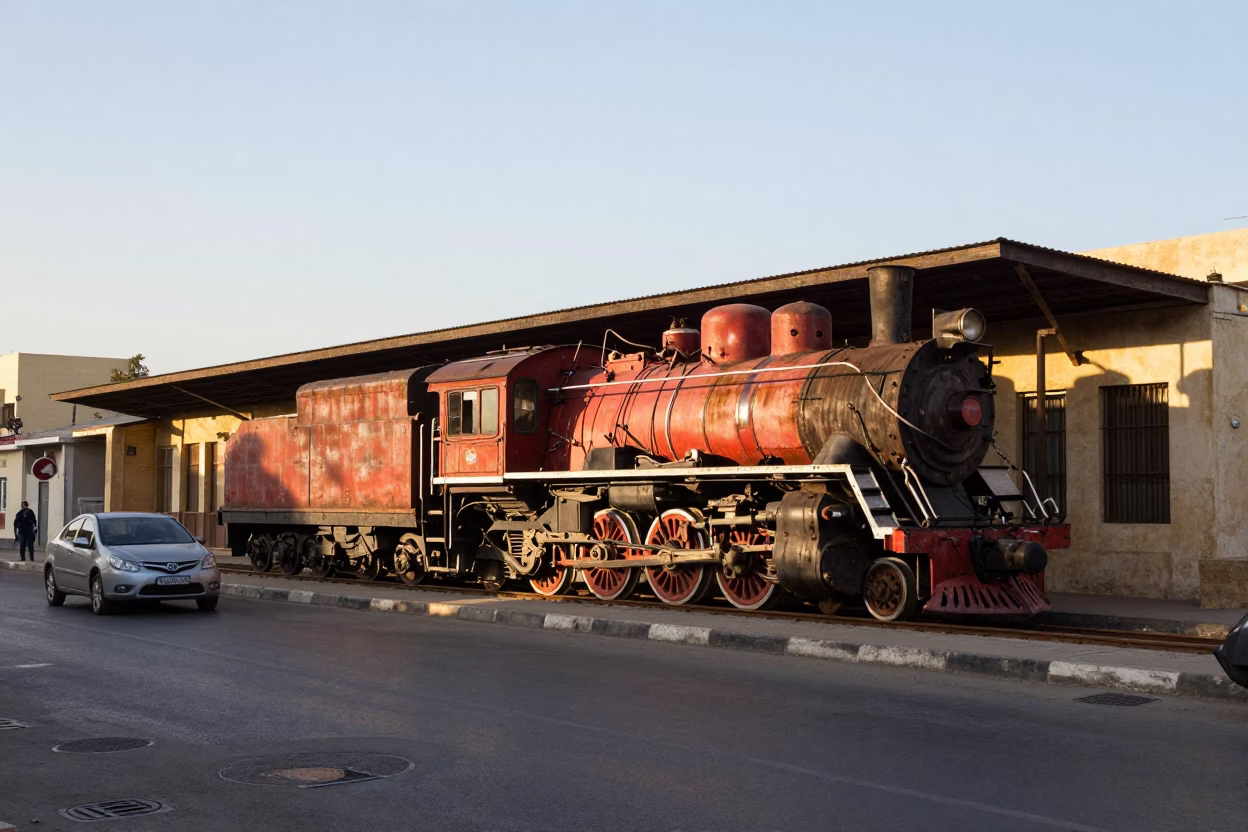 Late Afternoon Street Scene in Alexandria Egypt with Heritage Locomotive and Local Life in in Alexandria, Egypt