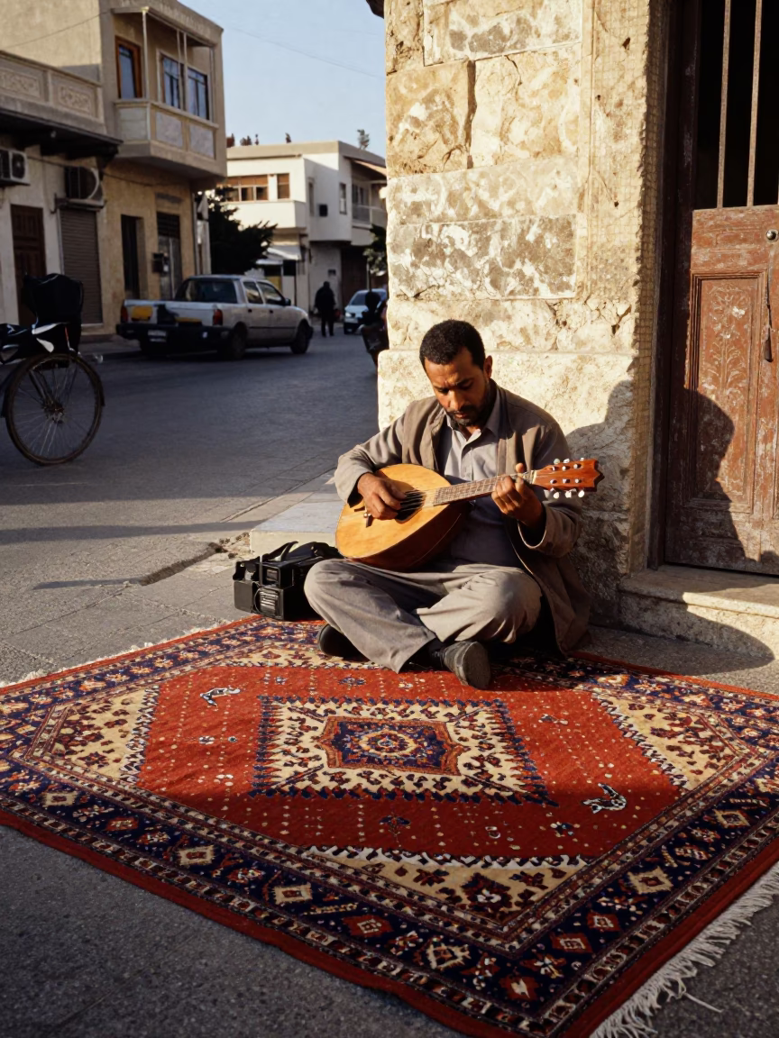 Late afternoon street scene in Alexandria Egypt with patterned rug and mandolin in in Alexandria, Egypt