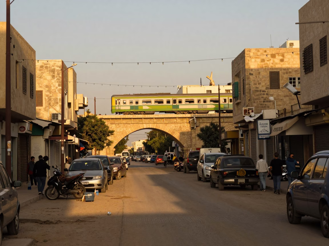 Late Afternoon Street Scene in Alexandria Egypt with String Lights and Railway Viaduct in in Alexandria, Egypt