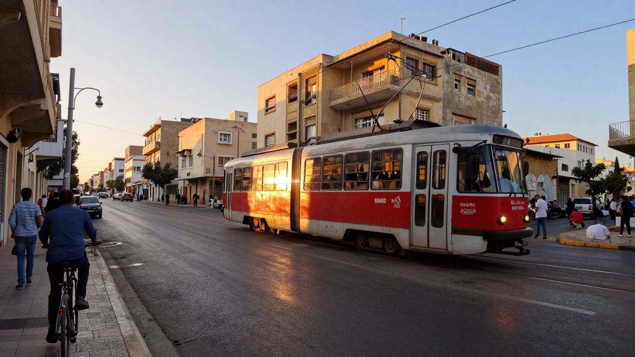 Late Afternoon Street Scene in Alexandria Egypt with Tram and Cyclist in in Alexandria, Egypt
