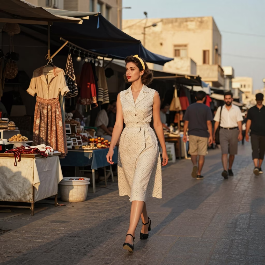 Late Afternoon Street Scene in Alexandria Egypt with Vintage Fashion and Local Market Elements in in Alexandria, Egypt