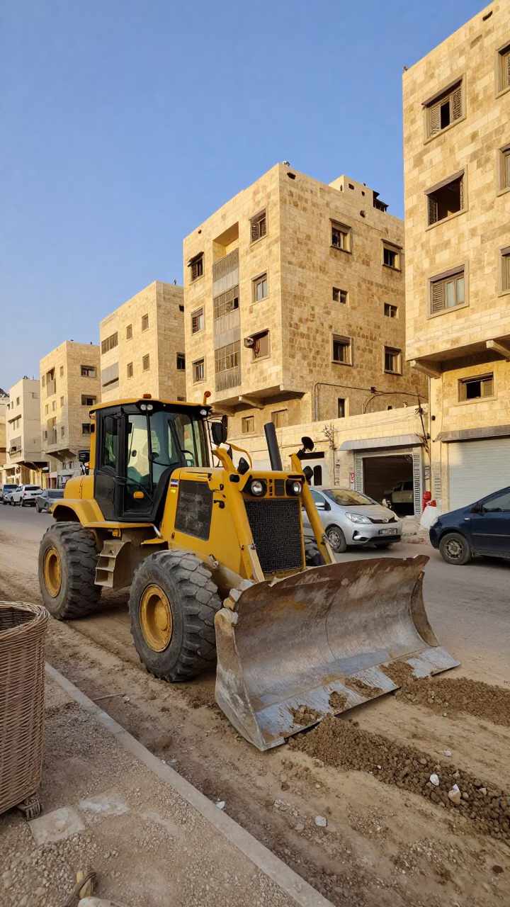 Late Afternoon Street Scene in Amman Jordan with Bulldozer and Wicker Basket in in Amman, Jordan
