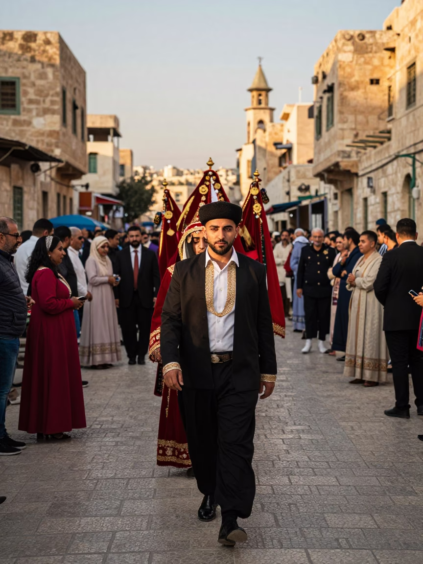 Late Afternoon Street Scene in Amman Jordan with Traditional Wedding Procession in in Amman, Jordan