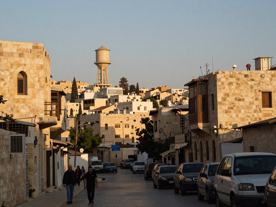 Late Afternoon Street Scene in Amman Jordan with Water Tower and Lantern in in Amman, Jordan