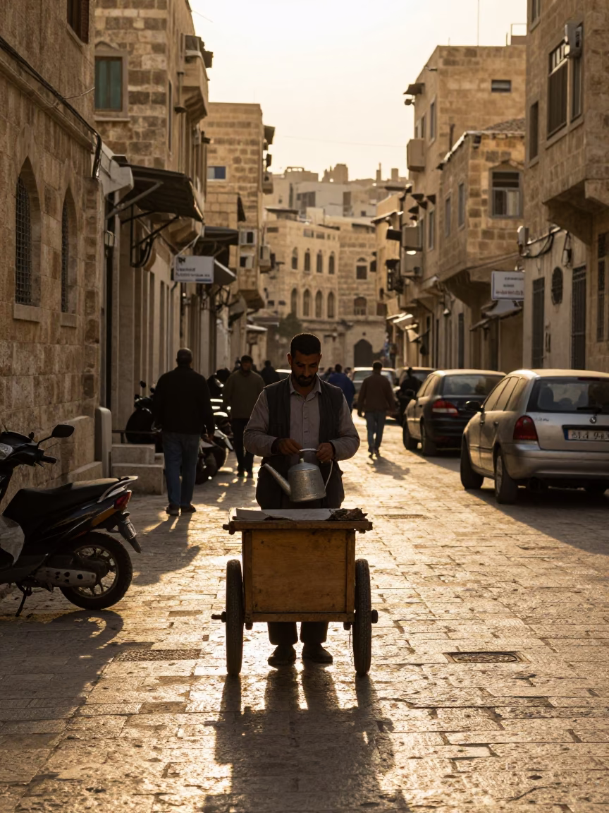 Late Afternoon Street Scene in Amman Jordan with Watering Jug and Cherries in in Amman, Jordan