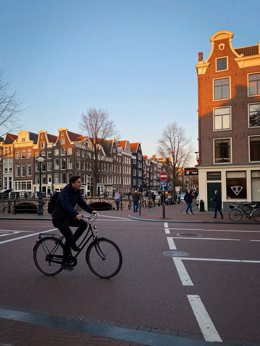 Late Afternoon Street Scene in Amsterdam Netherlands with Canal Bridge and Bicycle Traffic in in Amsterdam, Netherlands