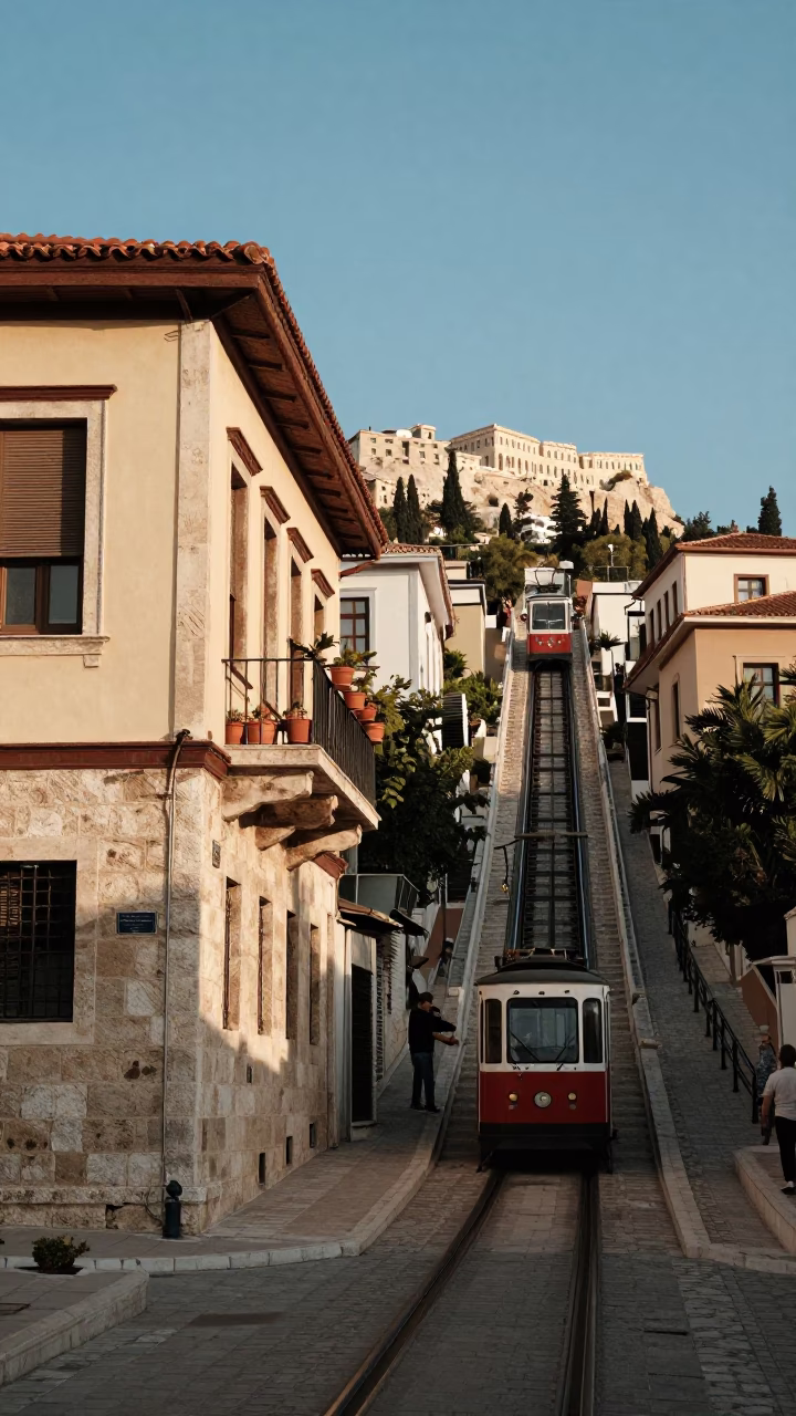 Late Afternoon Street Scene in Athens Greece with Funicular and Local Life in in Athens, Greece