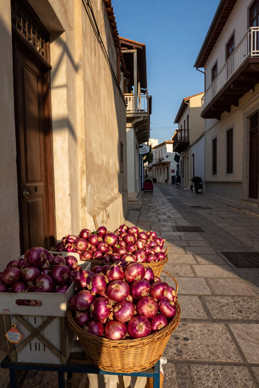 Late Afternoon Street Scene in Athens Greece with Onions and Traditional Architecture in in Athens, Greece