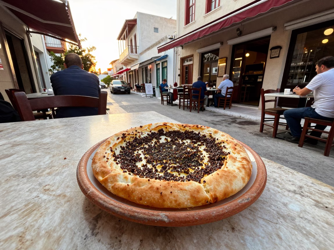 Late Afternoon Street Scene in Athens Greece with Plate of Zaatar Manakeesh in in Athens, Greece