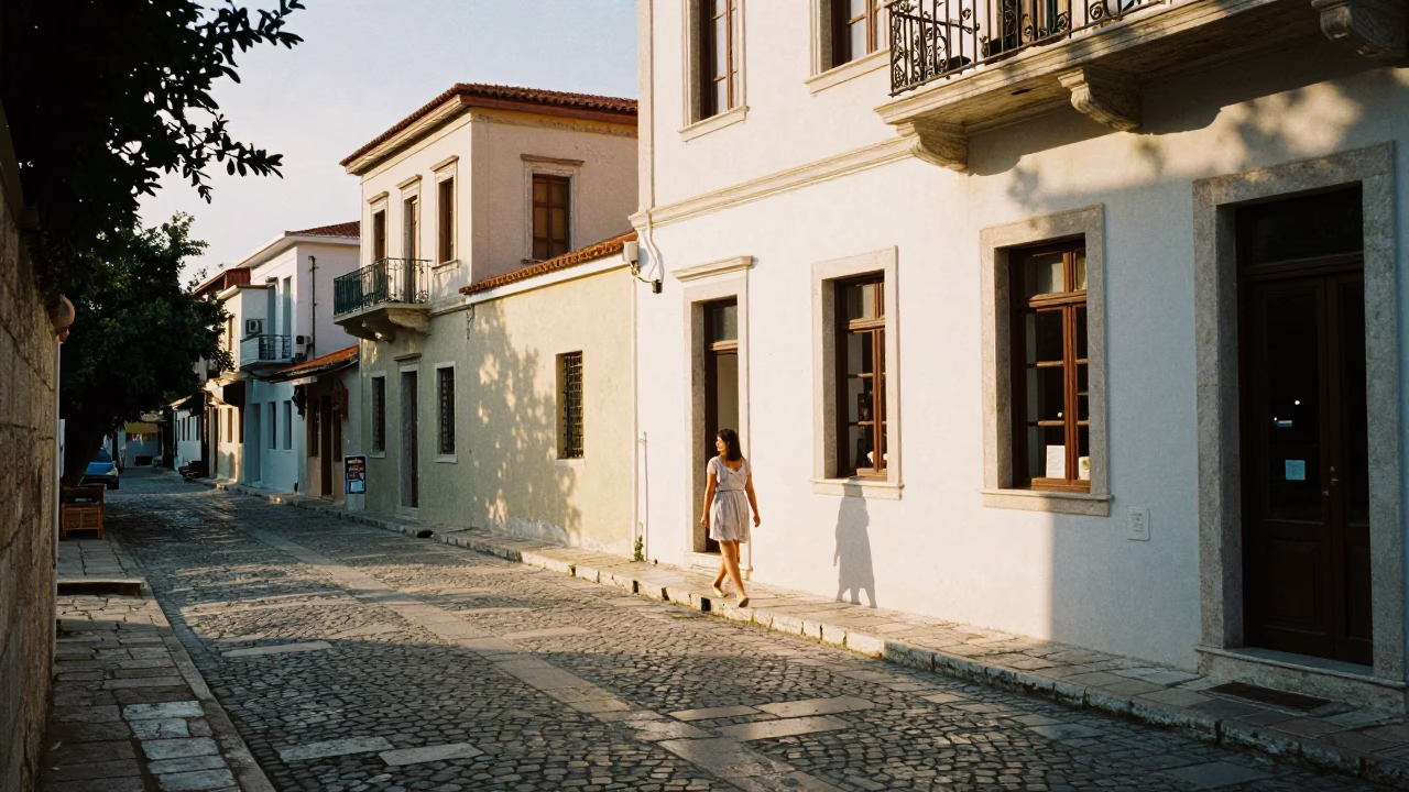Late Afternoon Street Scene in Athens Greece with Stone Architecture and Casual Pedestrians in in Athens, Greece