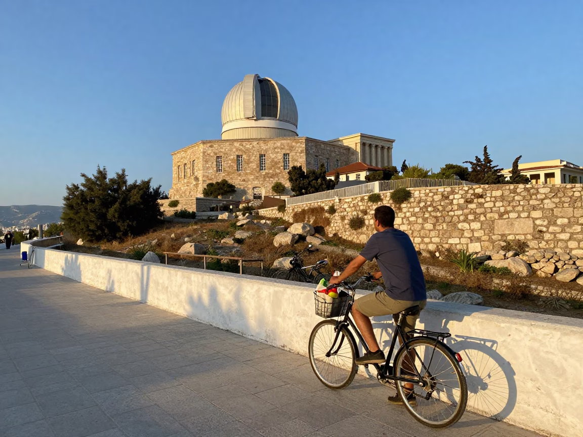 Late afternoon street scene in Athens Greece with stone observatory hilltop and bicycle basket in in Athens, Greece